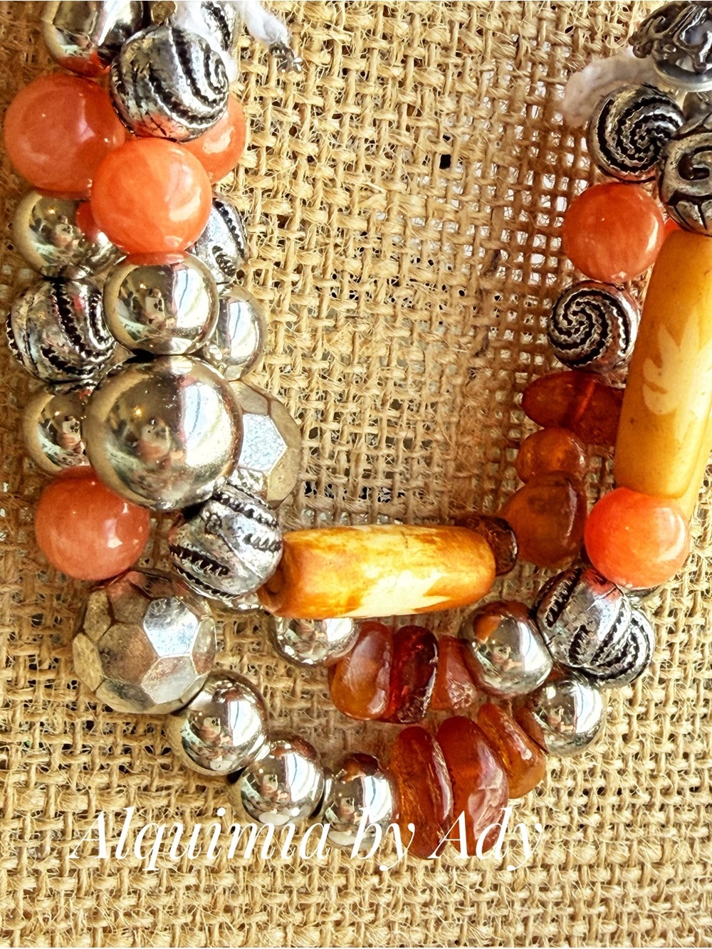 Jade amber and bone Orange and Silver Multi-Strand Necklace